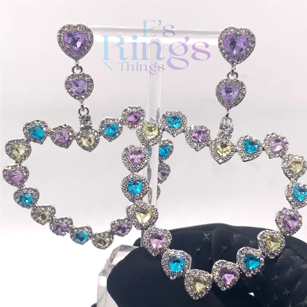 Large Exquisite Multicolored Bling Heart Shaped Earrings